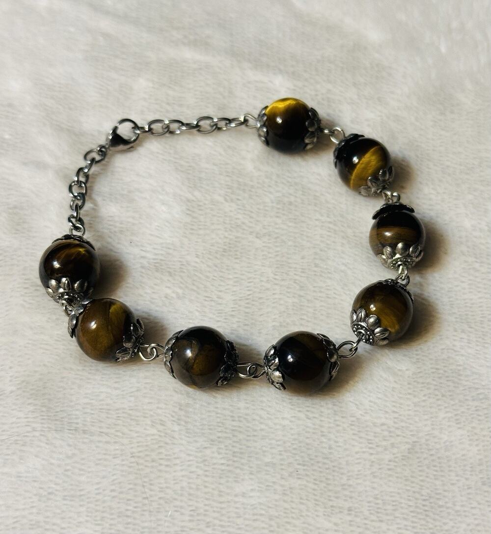 Tiger Eye 14mm Round 925 Sterling Silver Bracelet For Men & Women Natural Bangle